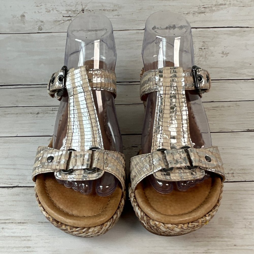 Gabor Slide Sandal Womens 8.5M Silver/Beige Leather Woven Buckle Straps Slip Ons